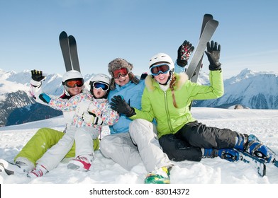 Winter, Ski, Sun And Fun - Happy Family In Ski Resort