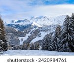 Winter skiing in Bellvue Saint-Gervais-les-Bains, Alps mountain, France.