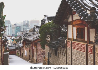 Winter And Snow At Bukchon Hanok Village Best Landmark In Seoul, South Korea.