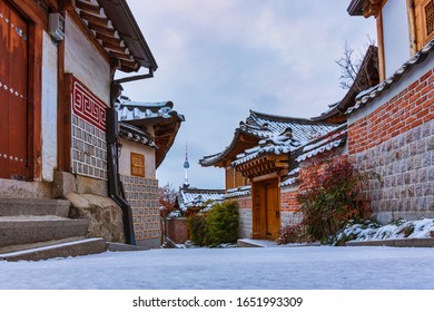 Winter And Snow At Bukchon Hanok Village Best Landmark In Seoul, South Korea.