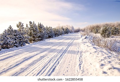 Winter Snow Country Road On Snowy Background