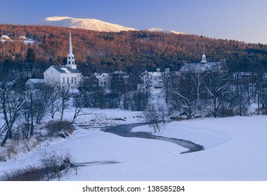 Winter Snow Covered Sunset Of Stowe Village In Stowe Vermont, USA