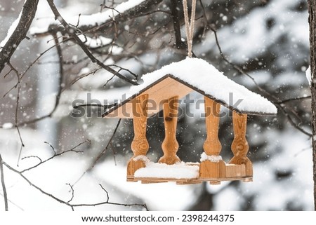 Winter. Snow is falling. A wooden bird feeder is hanging on a tree branch in the park. Feeding birds on harsh and cold days. Beautiful diffused light. Сток-фото © 
