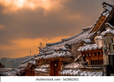 Winter Snow On The Roof Of Bukchon Hanok Korean Traditional Village Seoul South Korea 