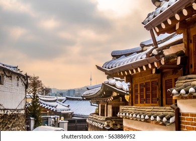 Winter Snow On Rooftop At Bukchon Hanok Village Seoul Tower South Korea