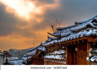 Winter Snow On Rooftop At Bukchon Hanok Village Seoul Tower South Korea