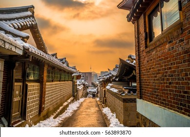 Winter Snow On Rooftop At Bukchon Hanok Village Seoul Tower South Korea