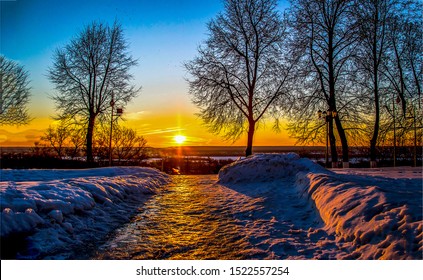 Winter Snow Path At Sunrise Scene