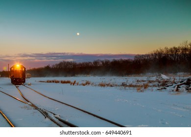 Winter Snow Railway Wagons Freight Train Travels Through The Vast Expanses Of Snow-covered