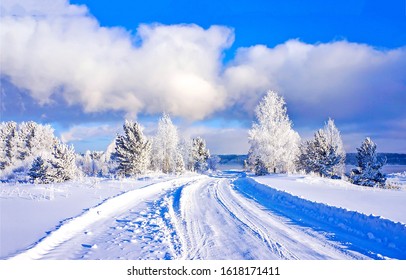 Winter Snow Road In Snowy Nature At Christmas Time