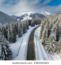 Winter, snow, road, wood, sky, mountain - Powered by Shutterstock