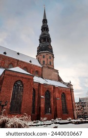 Winter snow scenes in Riga, Latvia, St Peters Church