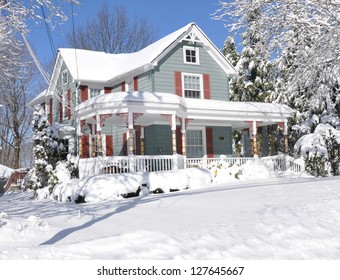 Winter Snow Suburban Large Home  Sunny Day Blue Sky