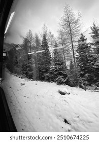 A winter snow view from inside of the train
