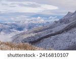 Winter snowfall in Collada De Bracons and Puigsacalm peak, La Garrotxa, Girona, northern Spain.
