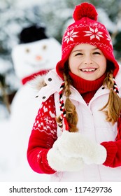 Winter, Snowman - Lovely Girl Has A Fun In Snow