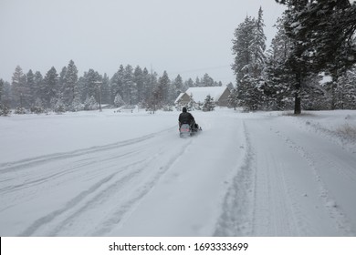 WInter Snowy Cabin House Exterior With Forest And Pine Trees And Snow Mobile Tracks.