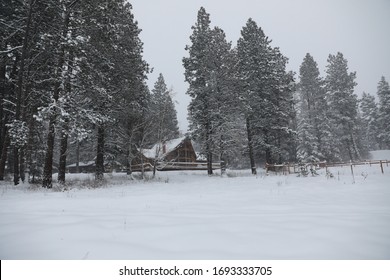 WInter Snowy Cabin House Exterior With Forest And Pine Trees And Snow Mobile Tracks.