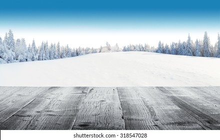 Winter snowy forest with meadow and blue sky. Empty wooden planks on foreground - Powered by Shutterstock