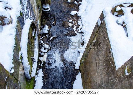 Winter. Snowy Forest. Winter Forest Stream. Winter Forest Scene With Snow and Stream. Cold Clear Water Stream. Winter Landscape with Snowdrifts and Forest Trees
