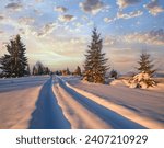 Winter snowy hills, tracks on rural dirt road and trees in last evening sunset sun light. Small and quiet alpine village outskirts.