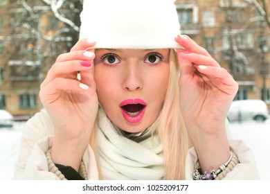 Winter Snowy Multi-colored Manicure And Make-up Girl Close-up.Nail Art.