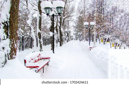 Winter Snowy Park Alley Bench In Cold Weather