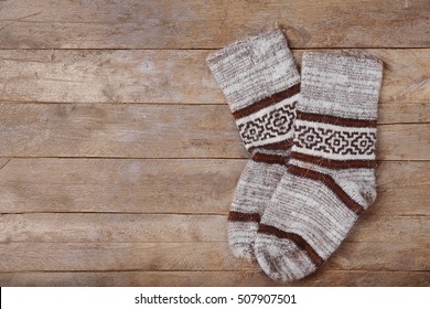 Winter Socks On Wooden Background