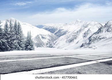 Winter Space And Road And Trees Of Snow With Frost 