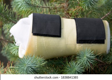 Winter Sports Injury Concept. Removable Cast With Black Velcro Strips For Stabilization Of Fractured Wrist Positioned In Fir Tree Branches