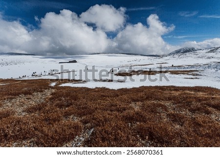 Winter spring mountain landscape changing season heather snow melting highest mountain in the Czech Republic - Sněžka covered in snow, dramatic clouds in strong wind on a sunny day	