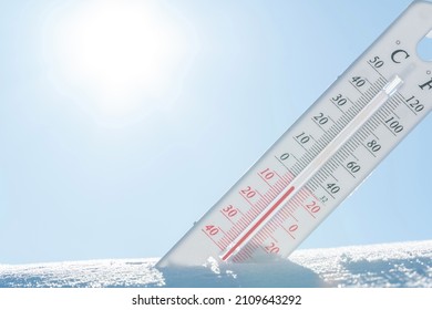 In winter or spring the thermometer lies on the snow and shows a negative temperature in cold weather.Meteorological conditions with low air and ambient temperatures.Climate change and global warming