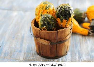 Winter Squash In Wooden Basket, Selective Focus