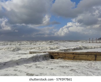 Winter Storm At The Black Sea, Great Waves On The Beach                               