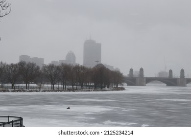 Winter storm in Boston looking out onto the Charles River