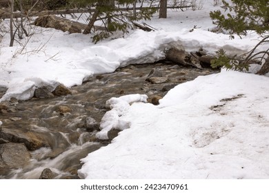 Winter stream flowing past banks of snow - Powered by Shutterstock