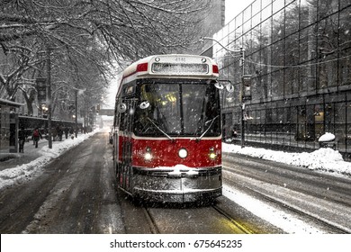 Winter Streetcar Toronto On Queen Street 