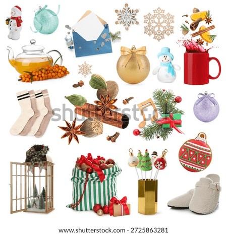 Winter stuff isolated on white. Collection of cold season and Christmas related items