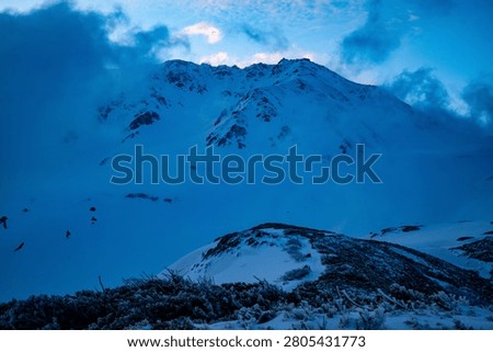 A winter summit tearing through cloud crowned with pink dawn light above a frost-rimed foreground — a hero winter mountain shot.