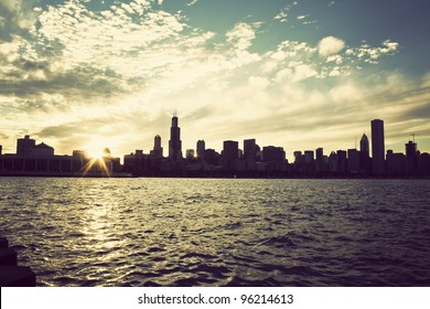 Winter sun setting over the skyline of Chicago, Illinois