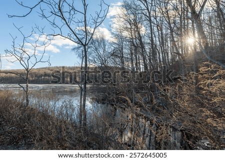 Similar – Image, Stock Photo Partly frozen lake with a view of the snow-covered fir forest