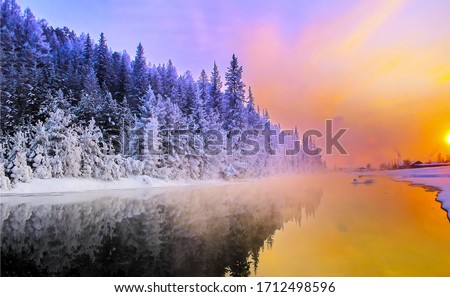 Winter sunrise on beauty snow landscape