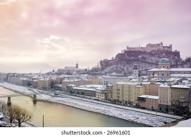 Winter Sunrise In Salzburg. View From Kapuzinerberg