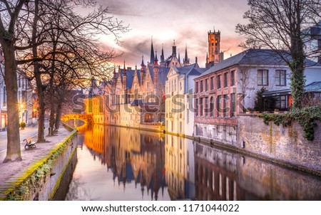 winter sunset in Bruges, Belgium