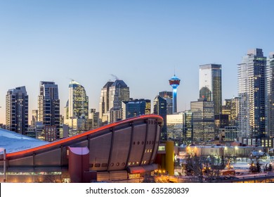 Winter sunset of Calgary skyline, Alberta, Canada