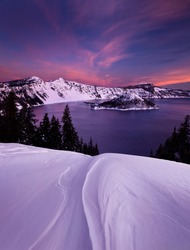 Winter Sunset At Crater Lake National Park In Oregon