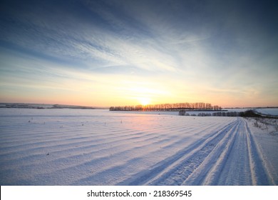 Winter Sunset Landscape Panorama, Very Cold. 