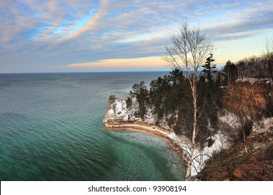 Winter Sunset At Miners Castle, Pictured Rocks National Lake-shore.  Beautiful Clear, Emerald Green Water, In Michigan's Lake Superior.