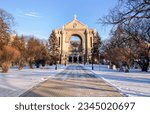 Winter sunset view of Saint Boniface Cathedral, a Roman Catholic cathedral of Saint Boniface, Winnipeg, Manitoba, Canada. The church sits in the centre of the city at 190 Avenue de la Cathedrale