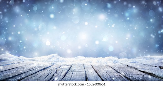 Winter Table - Snowy Plank With Snowfall In The Cold Sky
